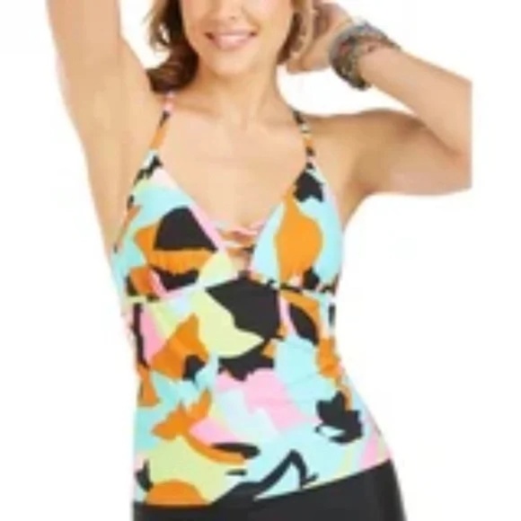 Hula Honey Colorful Camo Strappy V-Neck Tankini Swim Top – Size M - Picture 9 of 9
